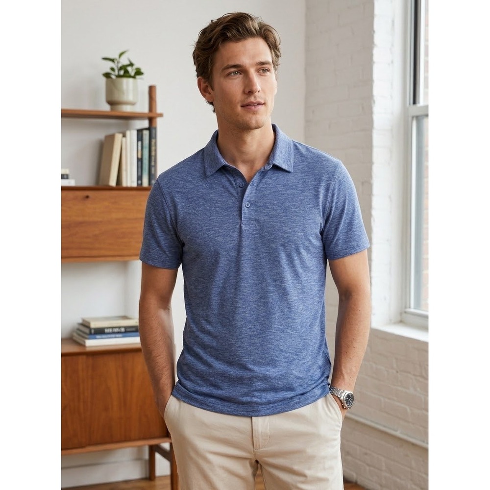 J.Crew Performance Polo Shirt Mens Medium Blue Space Dye Heathered Short Sleeve